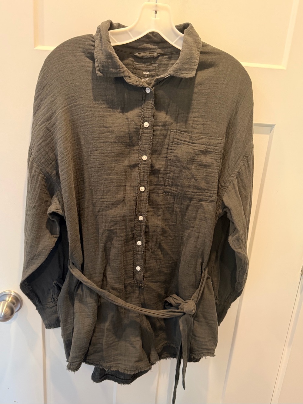 NWT Aerie Charcoal Gray Gauze Romper Small Tie Waist Button Front Boho Lounge